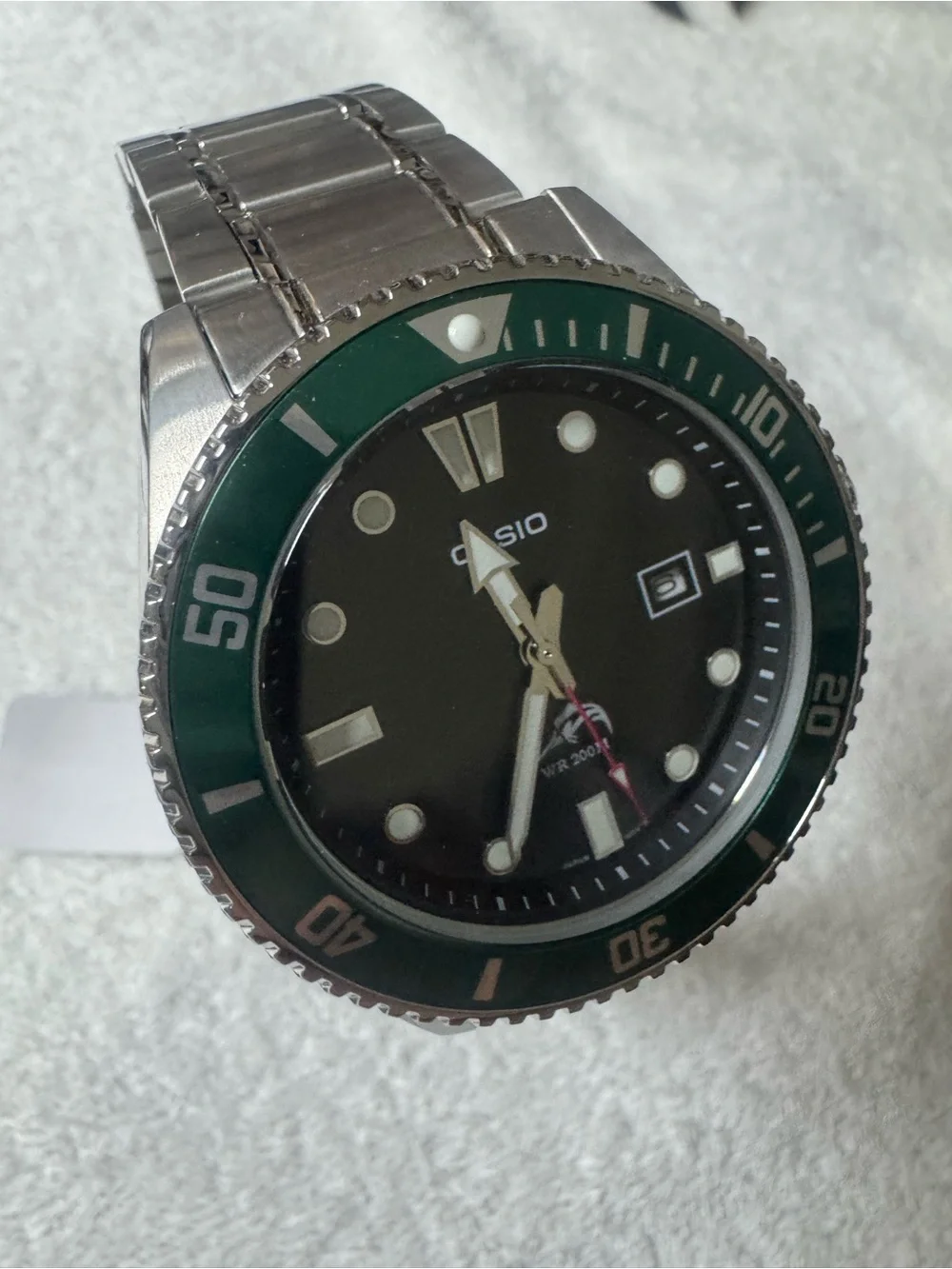 Casio Men's Green Bezel Black Dial Stainless Steel Watch